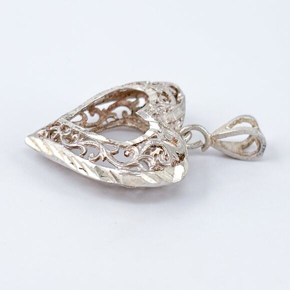 Vintage Sterling Silver 925 Filigree Heart Pendant - Picture 3 of 10